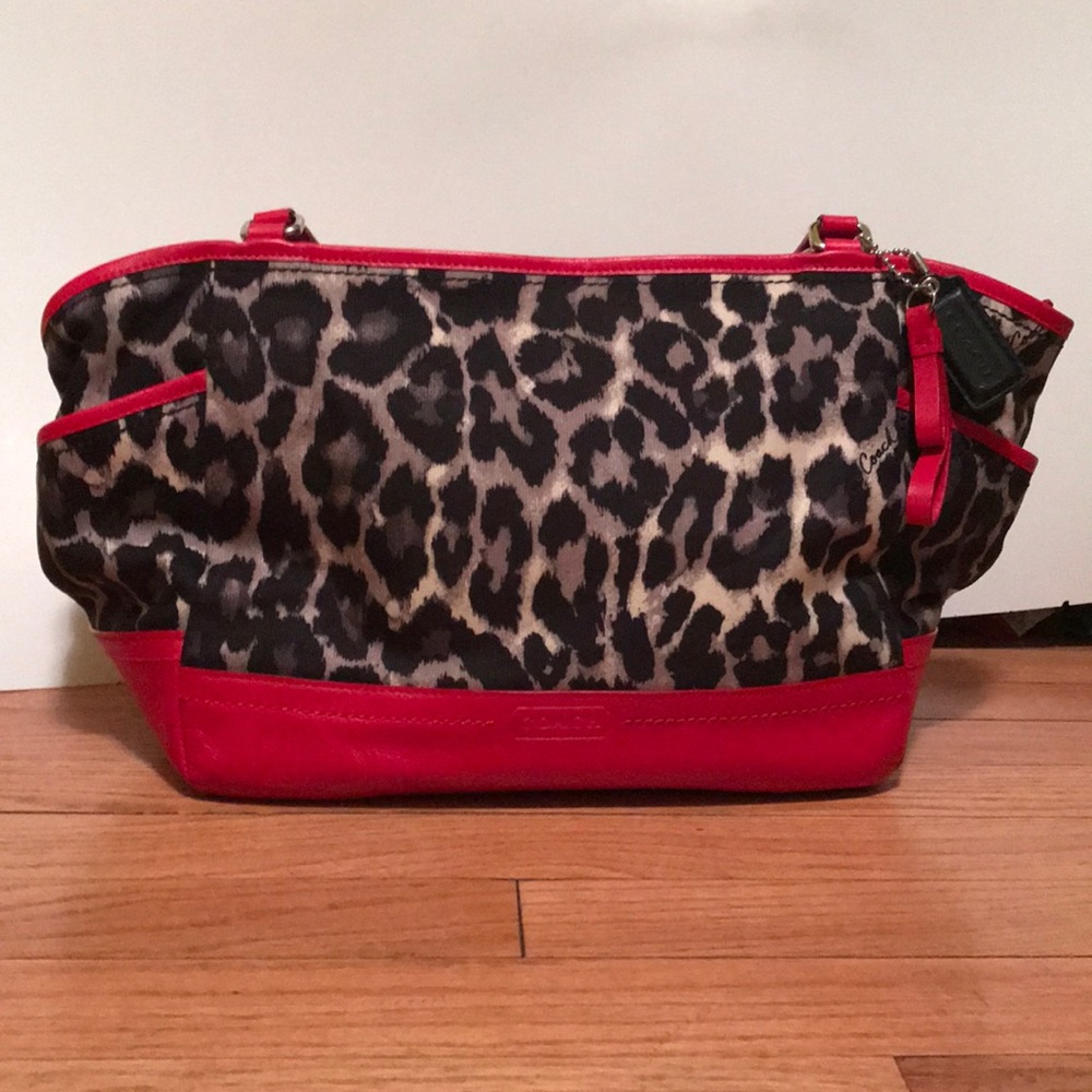 Red and leopard print Coach bag w/ matching wallet